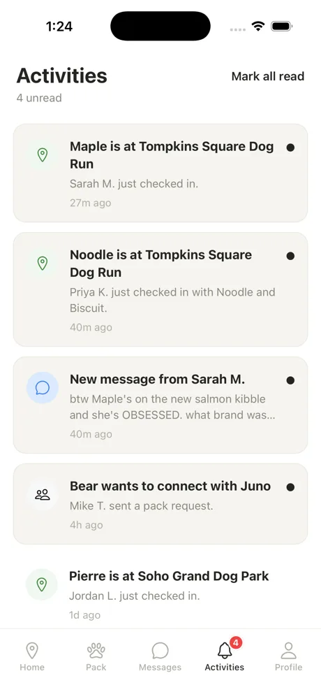 Off Leash Activities screen — Your pack, live