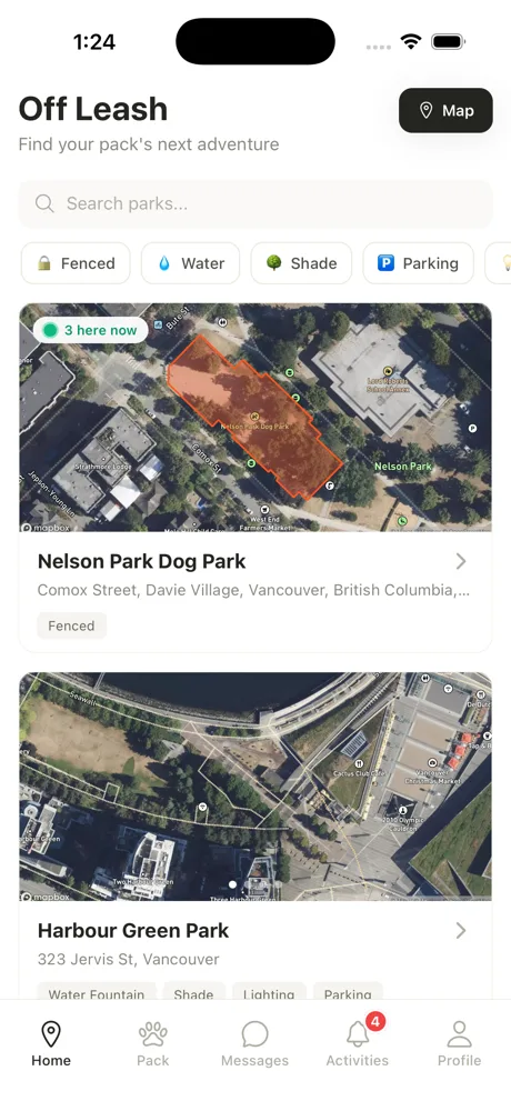 Off Leash home screen showing a map of nearby off-leash dog parks