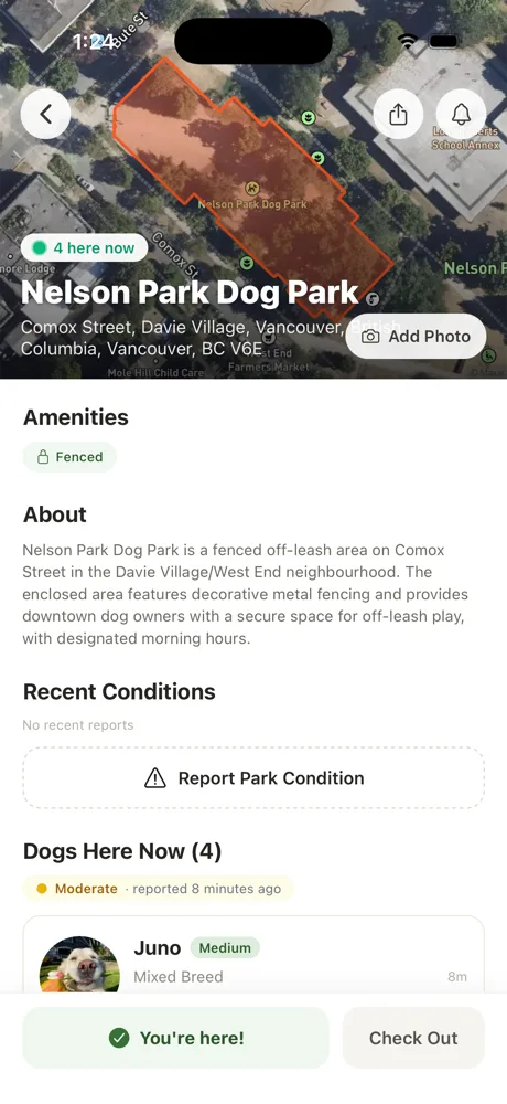 Off Leash park detail showing a dog park with live conditions and dogs currently checked in