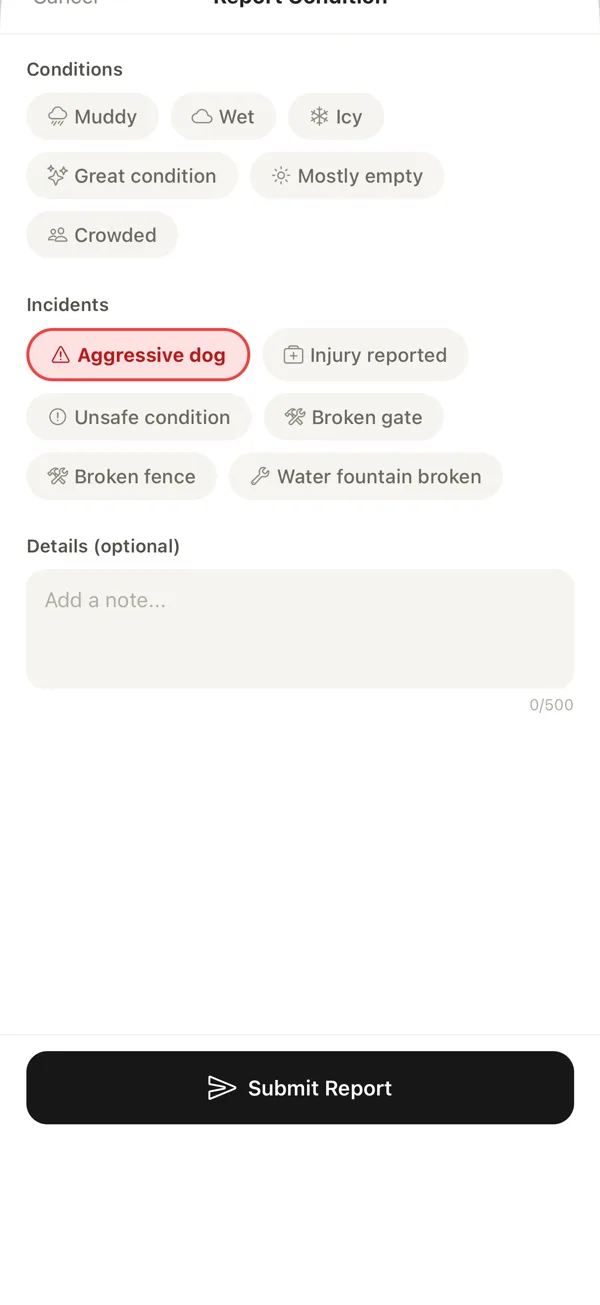 Off Leash's Report Condition screen with conditions and incidents chips, an aggressive-dog flag selected, and a submit report button